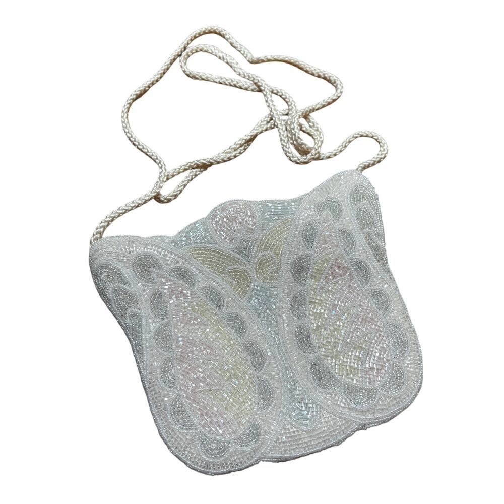 Vintage Magid white bead evening bag dressy purse pastel pattern wedding bridal